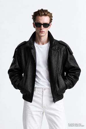 Erkek Oversize Rahat Kalıp Siyah Suni Deri Ceket-002419