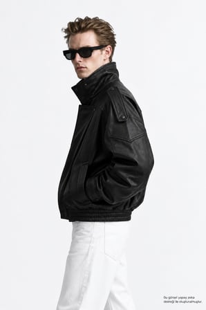 Erkek Oversize Rahat Kalıp Siyah Suni Deri Ceket-002419