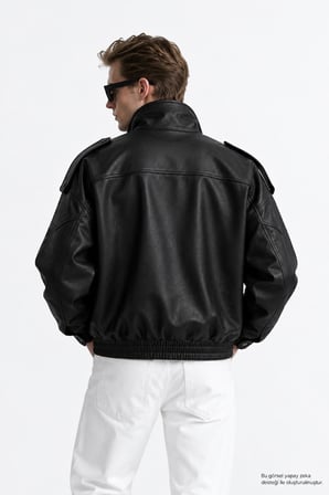 Erkek Oversize Rahat Kalıp Siyah Suni Deri Ceket-002419