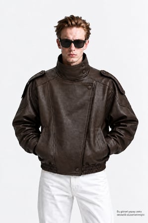 Erkek Oversize Rahat Kalıp Koyu Kahve Suni Deri Ceket-002419