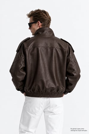 Erkek Oversize Rahat Kalıp Koyu Kahve Suni Deri Ceket-002419