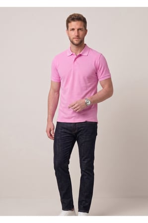 Erkek Yakalı Düğmeli Pembe T-shirt