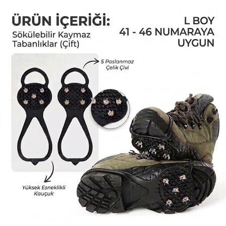 Kaymayı Önleyici Ayakkabı Kar Zinciri - Bot İçin Silikon Geçmeli Buz Kramponu, L Boy, 41-46 Numara