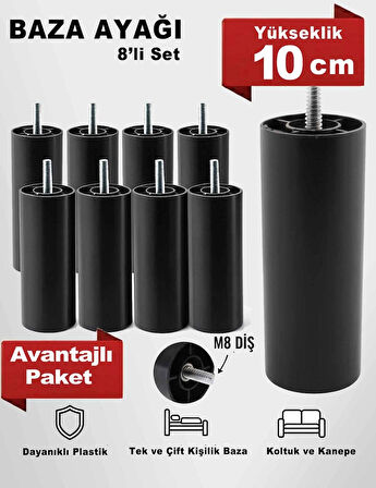 10 Cm M8 Diş (8 Adet) Siyah Silindir Koltuk Kanepe Baza Ayağı