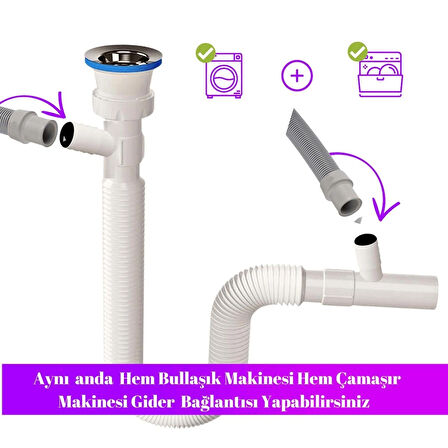 Çift Çamaşır ve Bulaşık  Makinesi için Körüklü Lavabo Sifonu(Çift Girişli)