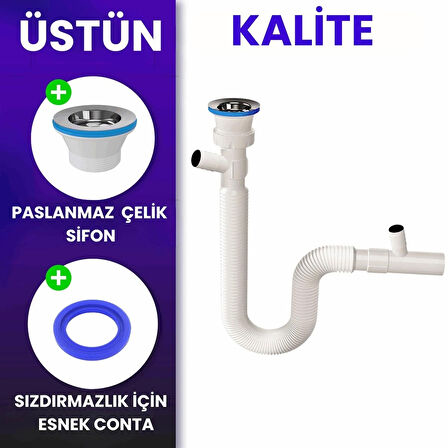 Çift Çamaşır ve Bulaşık  Makinesi için Körüklü Lavabo Sifonu(Çift Girişli)