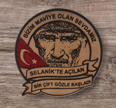 ATATÜRK Deri PEÇ BİZİM MAVİYE OLAN SEVDAMIZ- Arma - Kırmızı Bayrak MAvi Göz