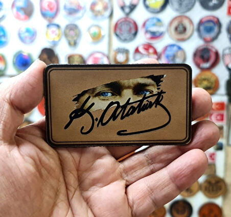 Atatürk Deri Peç - Arkası Cırtlı - 9 cm x 5 cm - Mavi Göz - Atatürk İmza - Leather Patch