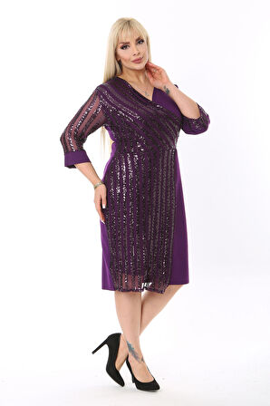 Kadın Büyük Beden Mürdüm Kol ve Ön Pul Payet Garnili Midi Boy Abiye Elbise