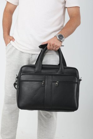 Hakiki Deri Siyah Evrak ve Laptop Çantası / Uzun Askılı Büyük Boy Laptop Çanta / 15,6 İnç