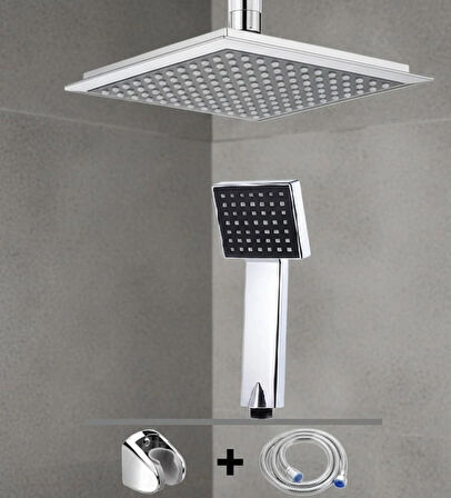 Modern Kare Duş Başlığı Seti | Ayarlanabilir Tepe Duş & El Duş + Hortum Tutacak