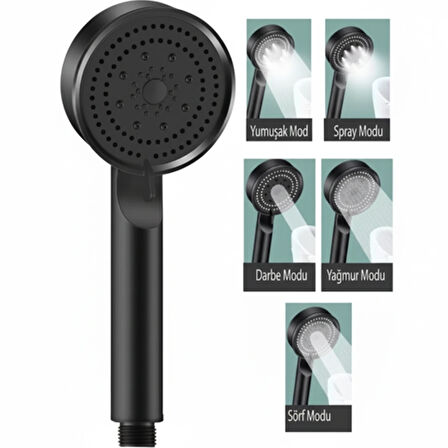 Karizma Renk Detay Siyah  - Ayarlanabilir 5 Fonksiyonlu - Turbo Basınçlı - Ultra Lüks El Duş Başlığı