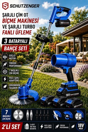 846Rn 3 BATARYA ŞARJLI ÇİM BİÇME TIRPAN MAKİNESİ 7 BAŞLIK VE ŞAJLI TURBO FANLI ÜFLEME MAKİNESİ MAVİ 
