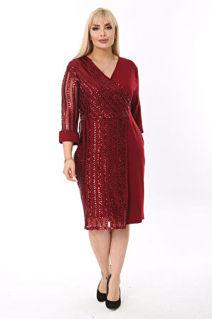 Kadın Büyük Beden Bordo Kol ve Ön Pul Payet Garnili Midi Boy Abiye Elbise