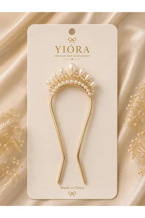 Premium Seri Altın Gold Metal Gövde İnci Detaylı Fransız Topuz Tokası 15 cm