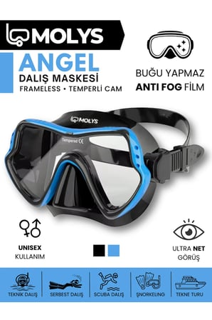 MOLYS ANGEL DALIŞ MASKESİ + ANTI FOG (BUĞU ÖNLEYİCİ FİLM) + PRO FULL DRY TAM KURU ŞNORKEL + MASKE KUTUSU SET