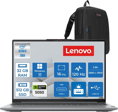 Lenovo Ideapad Pro 5 16IAH10 Intel Core Ultra 9 285H 32GB 8400MHZ 512GB SSD Windows 11 Home RTX5050 8gb Gddr7 16" 2.8k (2880X1800) OLED 1100NITS 120Hz IP83JM0012TRH02 + Zetta Çanta