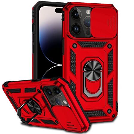 Gpack Apple iPhone 14 Pro Max Kılıf Sert Silikon Tank Aramid Sürgülü Vega Yüzüklü