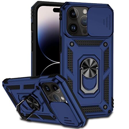 Gpack Apple iPhone 14 Pro Max Kılıf Sert Silikon Tank Aramid Sürgülü Vega Yüzüklü