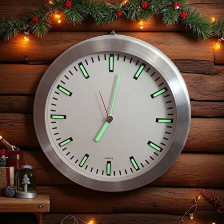 Fosforlu Kabartma Rakam Metal Çerçeveli Duvar Saati Çap 26 Cm