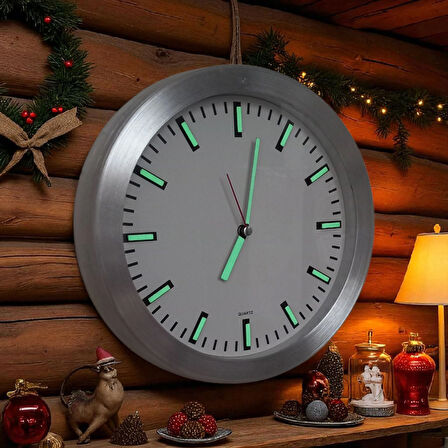 Fosforlu Kabartma Rakam Metal Çerçeveli Duvar Saati Çap 26 Cm