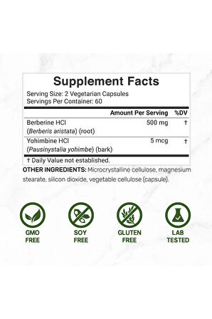 Berberine Supplement with Yohimbine, 500mg Per Serving, 120 Veggie Capsules