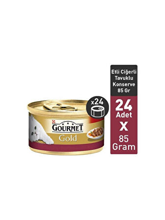 Purina Gourmet Gold Parça Etli Soslu Tavuklu Ciğerli Yetişkin Kedi Konservesi 85 Gram x 24'lü