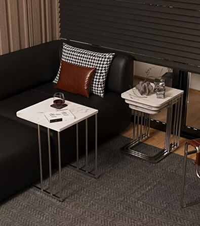 Ceylin Mdf 4lü Zigon Sehpa Tekerlekli Gümüş Ayak Beyaz Mermer Desen