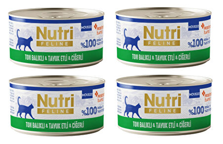 Nutri Feline Ton Balıklı, Tavuk ve Ciğerli Mousse Tahılsız Yetişkin Kedi Konservesi 70 Gr. X 4 Adet