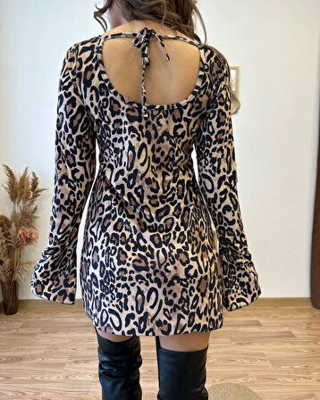 Yeni Sezon Kadın Kayık Yaka Leopar Baskılı Uzun Kollu Kadife Mini Elbise