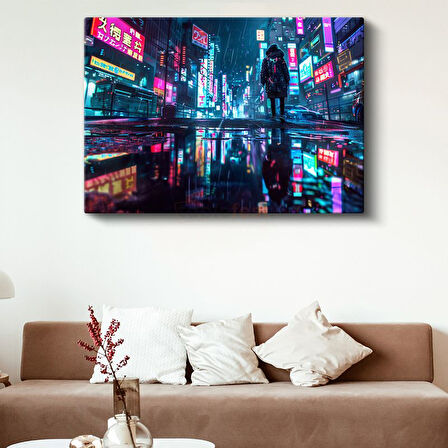 Neon Sokaklar - Yağmurlu Gece Anime Kanvas Tablo