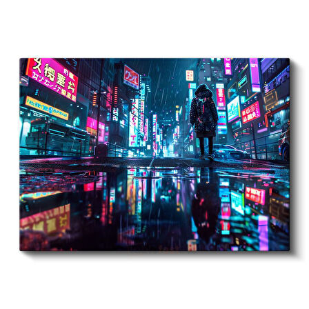 Neon Sokaklar - Yağmurlu Gece Anime Kanvas Tablo