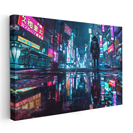 Neon Sokaklar - Yağmurlu Gece Anime Kanvas Tablo
