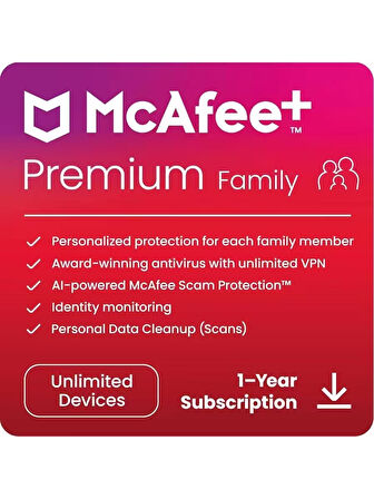 Mcafee Mcafee+ Premium Family - Limitsiz Cihaz 1 Yıl Mcafee Offical Key