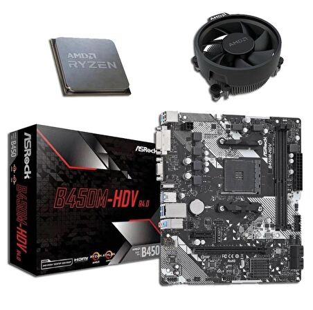 ASROCK B450M-HDV R4.0 DDR4 SATA3 M2 PCIe NVME HDMI DVI PCIe 16X v3.0 AM4 mATX + AMD Ryzen 7 5700X + AMD Orijinal Fan