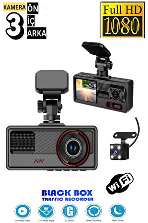 1080p Ultra Kaliteli Araç İçi Kamera Oto güvenlik kamera 3 kameralı geniş görüş 2.0inç ekran G-sensör