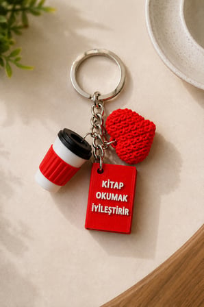 Kitapsever 3'lü Anahtarlık ve Çanta Charmı – "KİTAP OKUMAK " – Kitap, Kahve ve Kalp Premium Set