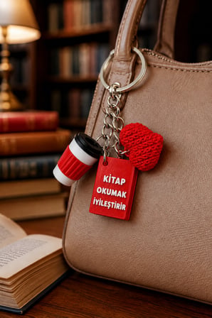 Kitapsever 3'lü Anahtarlık ve Çanta Charmı – "KİTAP OKUMAK " – Kitap, Kahve ve Kalp Premium Set
