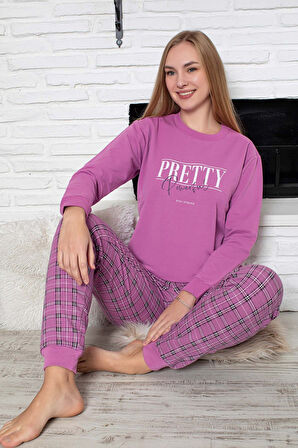 Kadın Bisiklet Yaka Bilek Manşet/Lastikli 2 İplik Pamuk Cepli Kışlık Jogger Eşofman Pijama Takımı