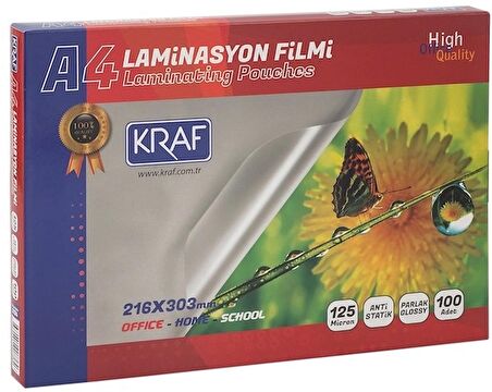 KRAF LAMİNASYON FİLMİ PARLAK A4 125MIC 100LÜ 2124 1 Adet