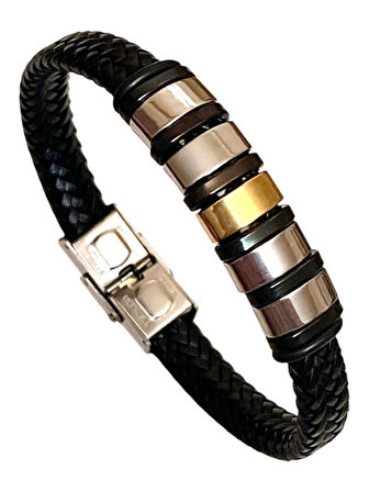 Örgü Deri ve Kararmaz Çelik Mixli Erkek Bileklik 21 cm