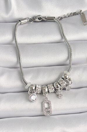 316L Çelik Gümüş Renk Zincir Sallantı Zirkon Taşlı Messika Figür Yıldız Detay Kadın Bileklik