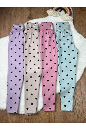 Mevsimlik Kalp Baskılı Kız Çocuk Fitilli  Tayt 5'li Set