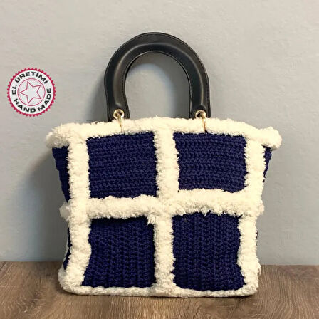 Uretti - Rukiye 7294 El Yapımı Makrome İp Kürk  Desenli Çanta 26cm - Mavi