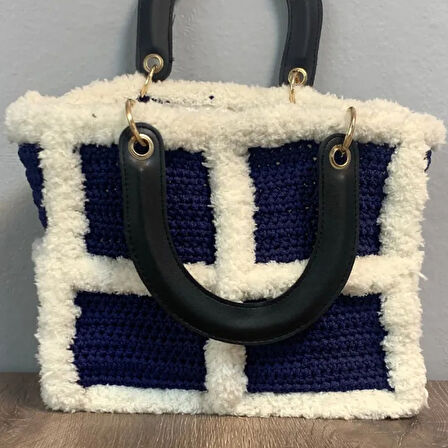 Uretti - Rukiye 7294 El Yapımı Makrome İp Kürk  Desenli Çanta 26cm - Mavi