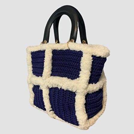 Uretti - Rukiye 7294 El Yapımı Makrome İp Kürk  Desenli Çanta 26cm - Mavi