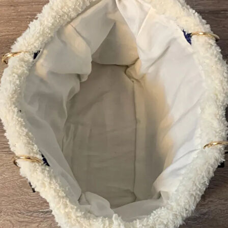 Uretti - Rukiye 7294 El Yapımı Makrome İp Kürk  Desenli Çanta 26cm - Mavi