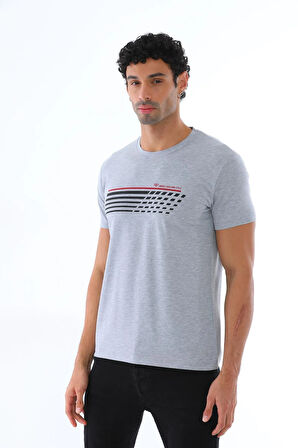 Erkek Gri Melanj Süprem %100 Pamuk Bisiklet Yaka Kısa Kol Baskılı T-shirt - 146
