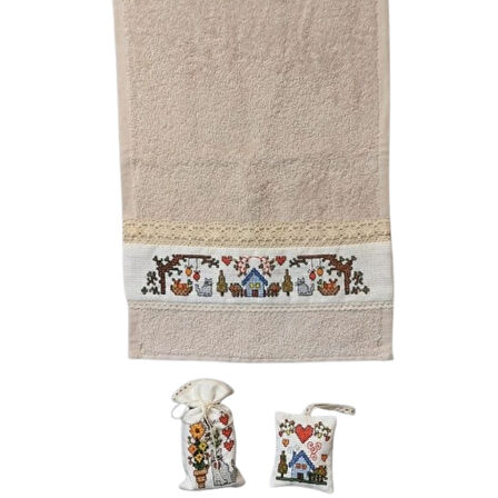 Uretti - Pınar 6788 0724 El Yapımı Banyo El Havlusu Lavanta Torbası ve Sabunluk Üçlü Set