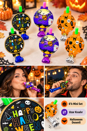 Halloween Kaynana Dili 6'lı Mini Parti Düdüğü Uzar Kısalır Cadılar Bayramı Desenli Set